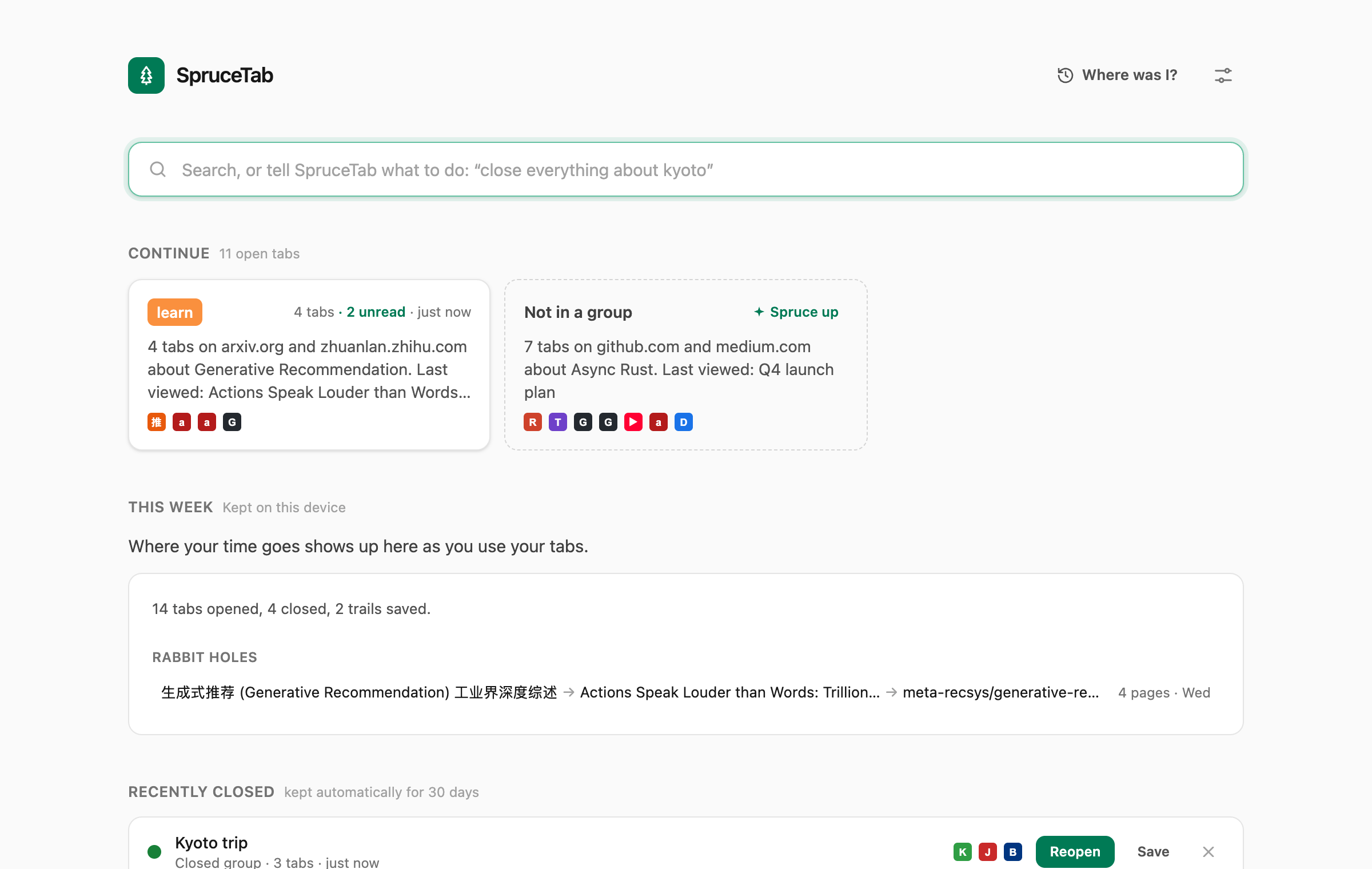 The new tab page board: open groups, recently closed and saved trails