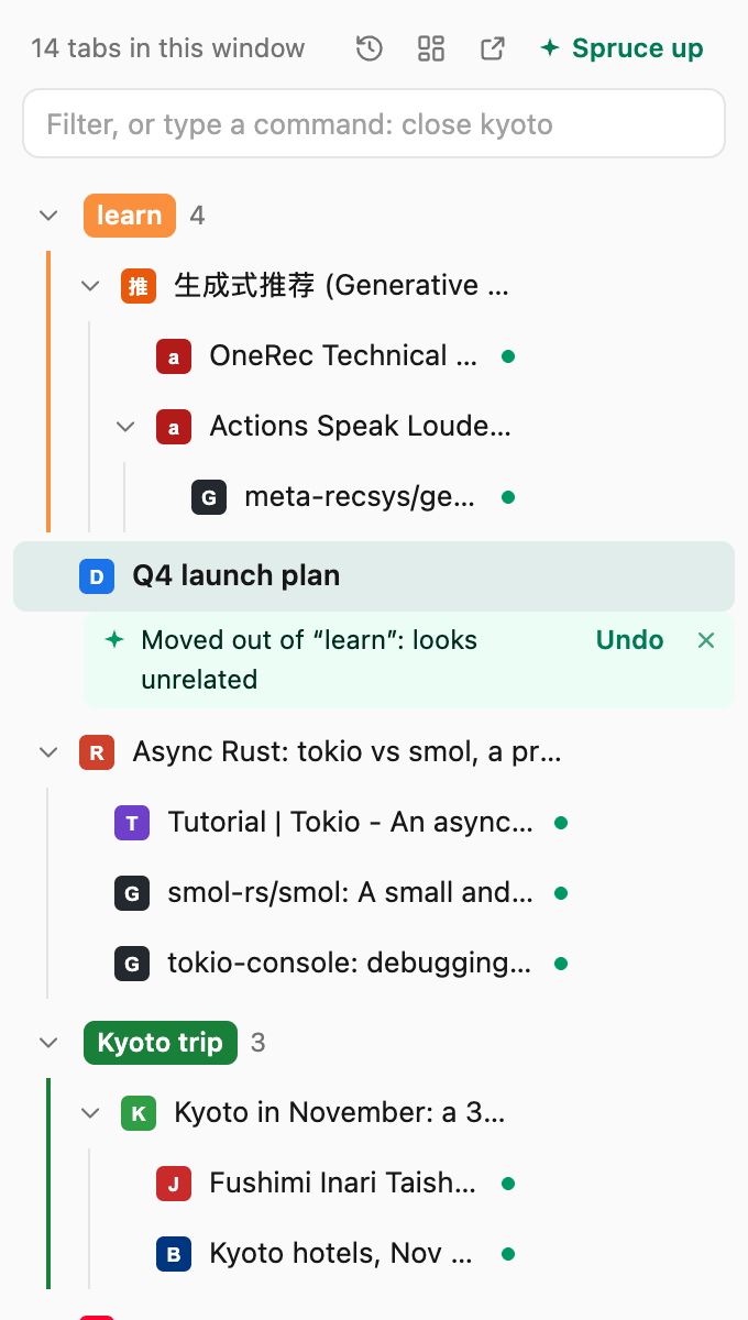 A note under a new tab: moved out of a group because it looks unrelated, with Undo